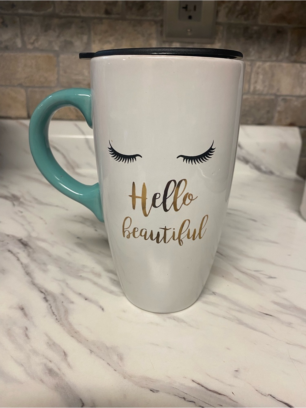 Hello Beautiful Ceramic Travel Mug with Turquoise Handle